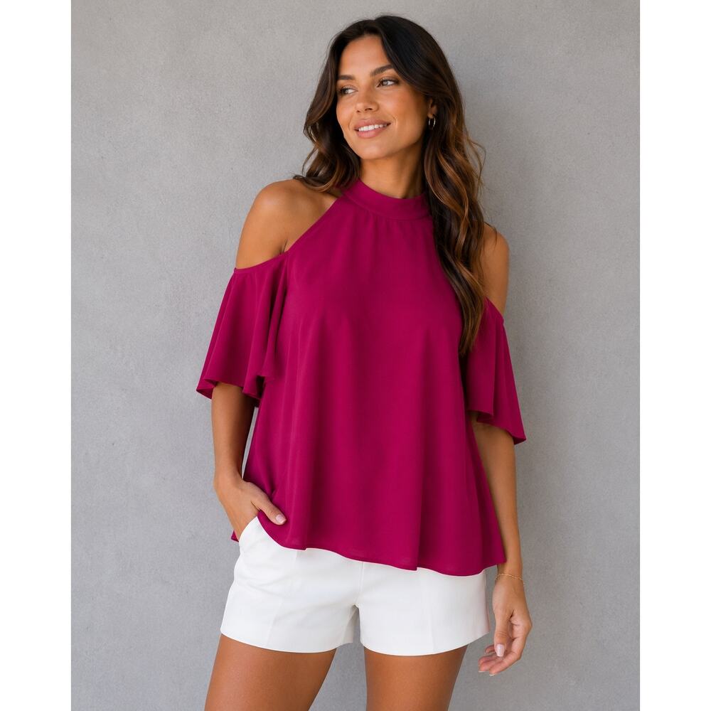 Gilli NWT Magenta Cold Shoulder Blouse Small Mock Neck Flutter Sleeve